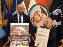 October 2019 - Bronx Borough President Rubin Diaz, Jr. with Board member Nancy Indelicato presenting the IHCC-NY, Inc. Poser 2019 at his Italian Culture Month Celebration.